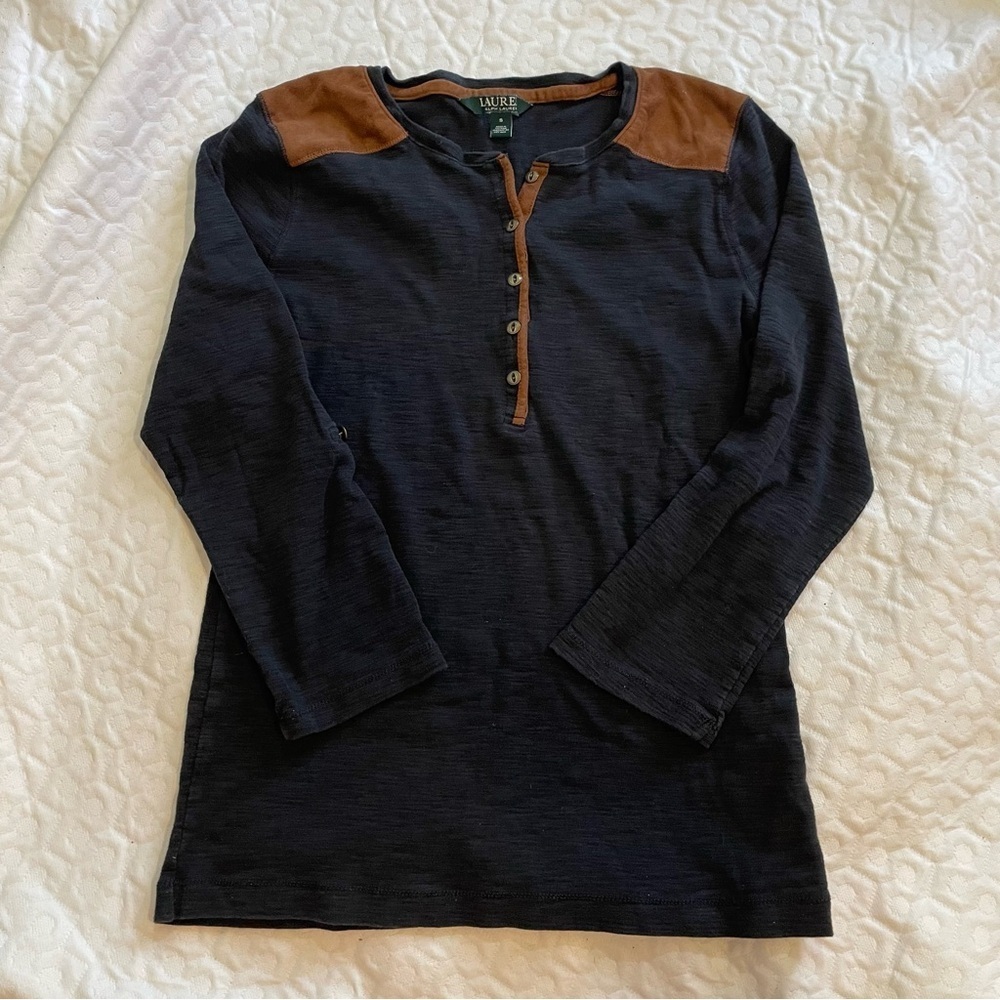 Lauren Ralph Lauren Long Sleeve Women’s Shirt Black w/ Brown Suade Shoulders S